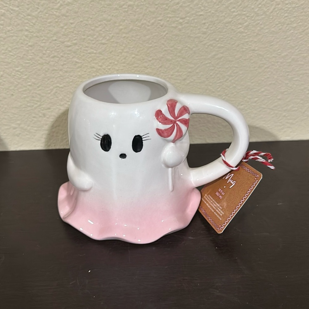NWT Pink Ghost peppermint holiday mug